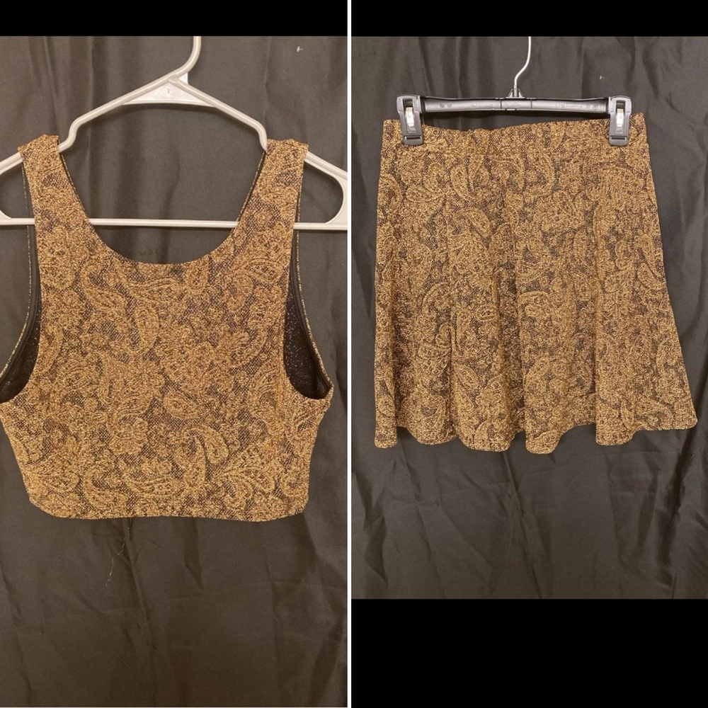2 piece gold metallic skater skirt